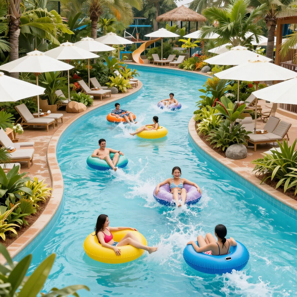 Families floating on inflatable rings along a winding lazy river