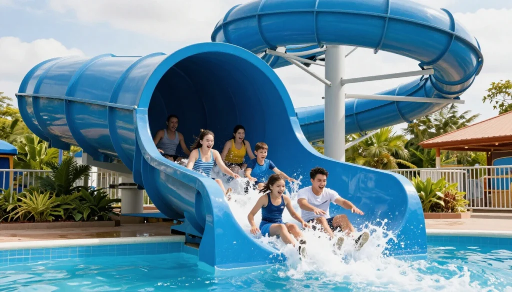 Family racing down a blue tornado water slide tower at Sblash outdoor water park