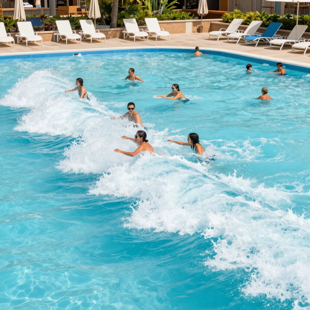 Swimmers enjoying rolling waves in a large outdoor wave pool