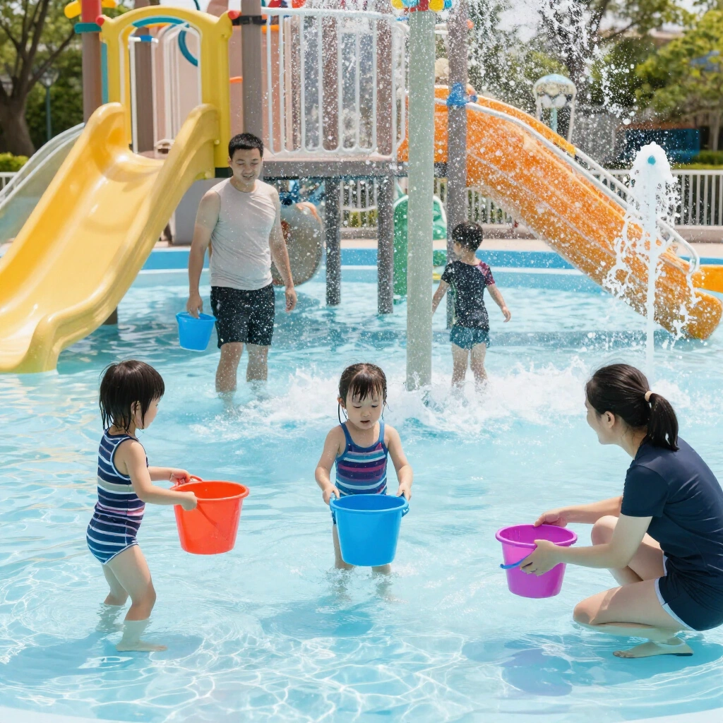 Toddlers playing under a colourful splash pad with fountains