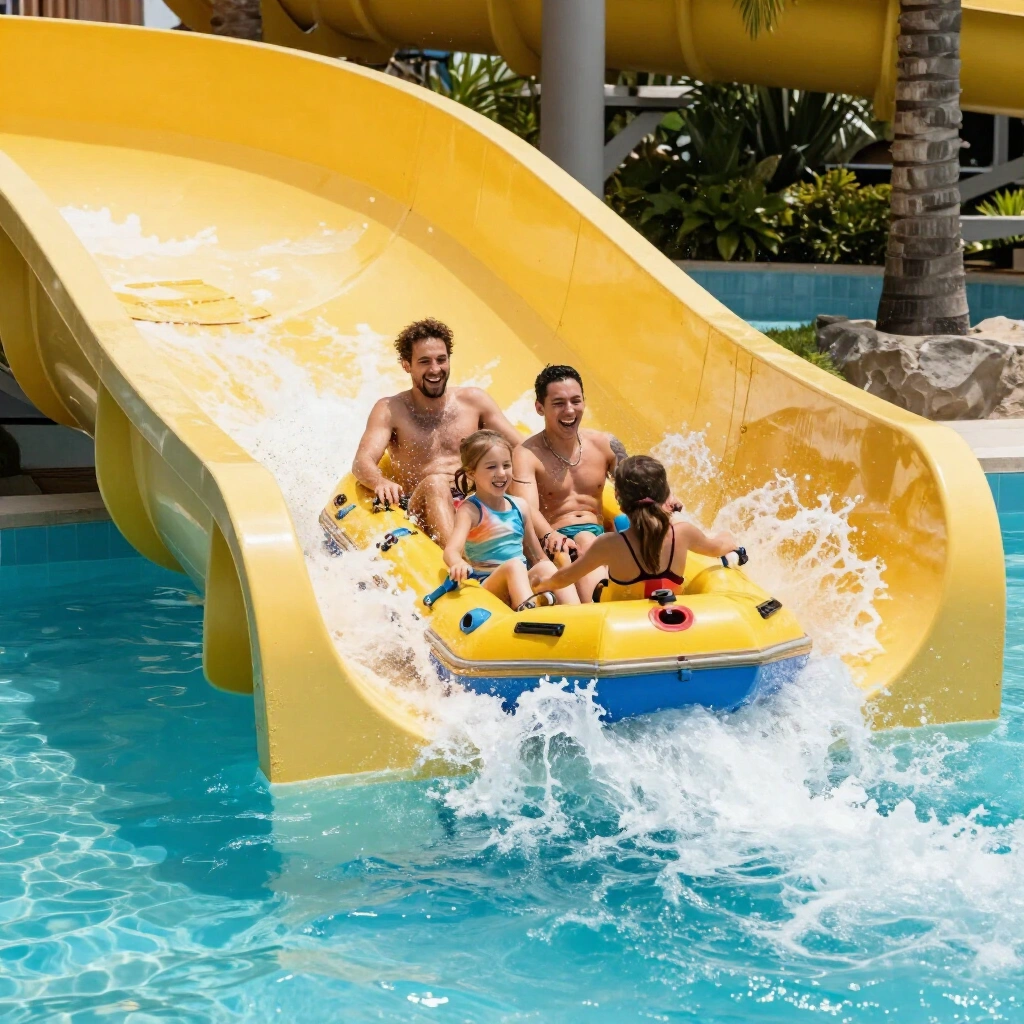 Two friends laughing on a raft plunging down a curved yellow water slide